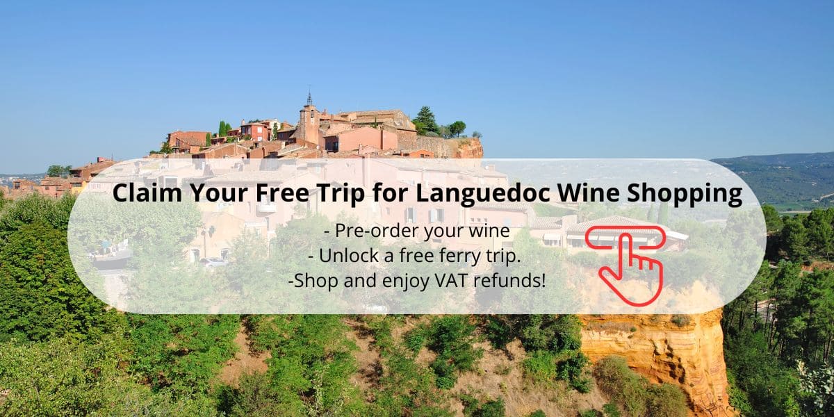 Languedoc landscape with a CTA: Claim Your Free Trip for Languedoc Wine Shopping